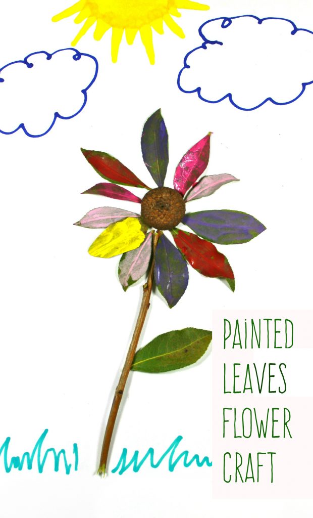 Painted leaves flower craft for kids. Nature arts and crafts for the spring.