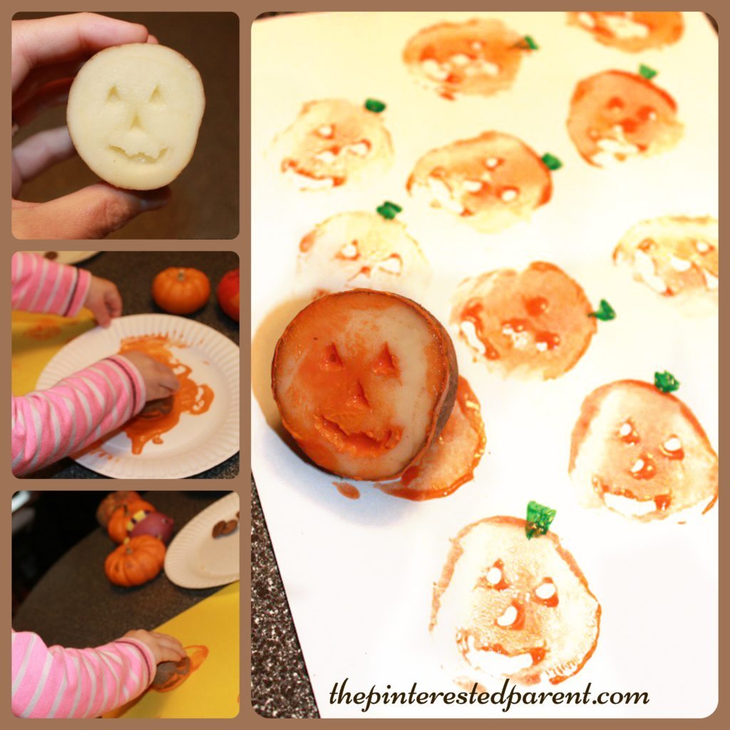 Potato Stamp Pumpkins. A classic and fun Halloween and fall paint project for kids. Autumn arts & crafts