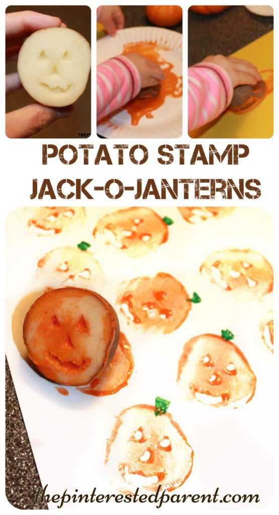 Potato stamp pumpkin jack-o-lanterns. A cute fall and Halloween painting project for the kids. Autumn arts & crafts