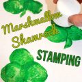Marshmallow paint stamped shamrocks for St. Patrick's Day. Easy kid's arts and craft projects for preschoolers and toddlers