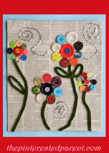 Button Flower Craft made on old newspaper. Pretty and easy kid's craft