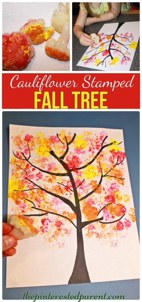 Cauliflower stamped Fall Tree . arts and craft project for the kids for the fall autumn