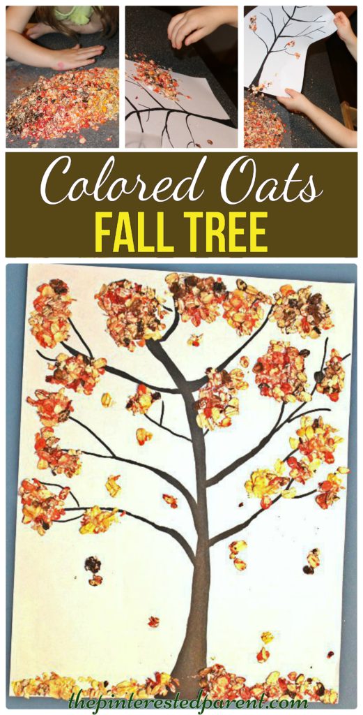 Fall Tree made out of colored oats. A great sensory & arts and craft project for the kids for the fall autumn