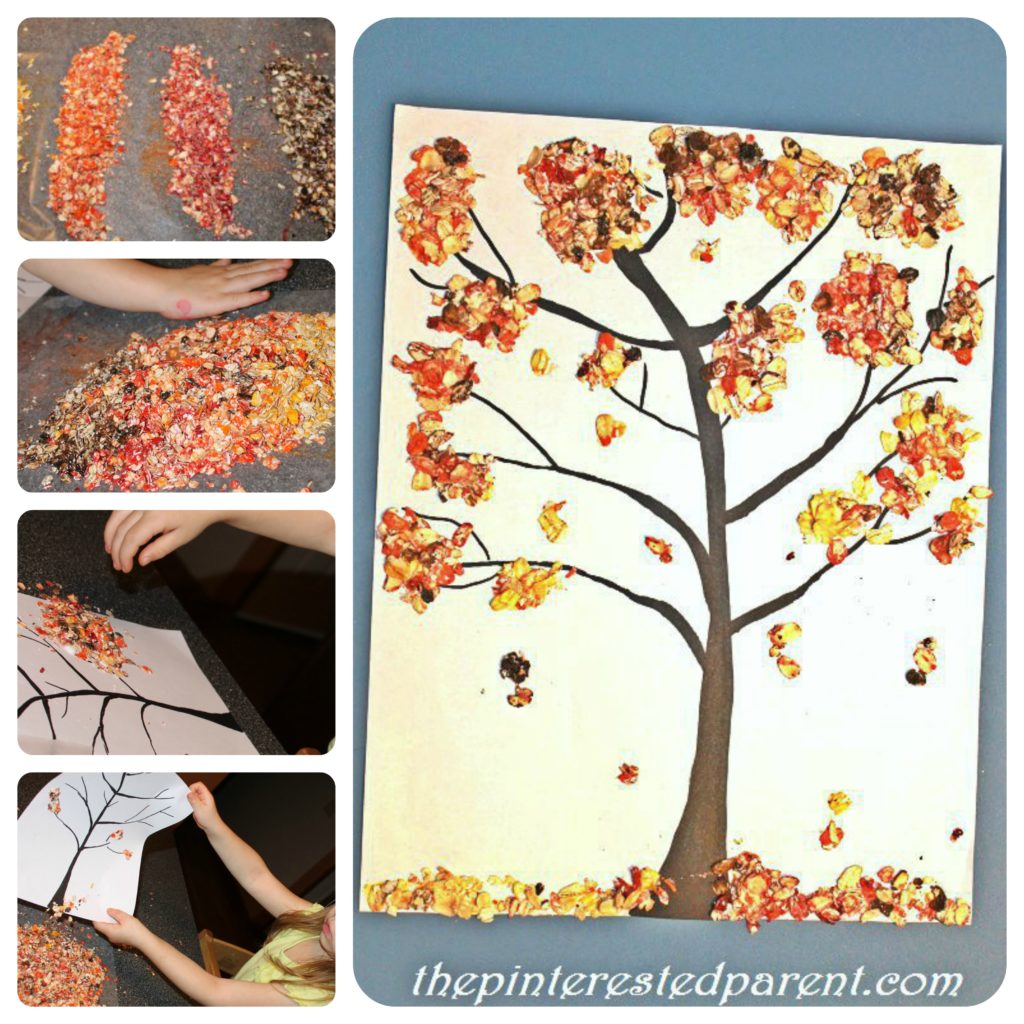 Fall Tree made out of colored oats. A great sensory & arts and craft project for the kids for the fall.