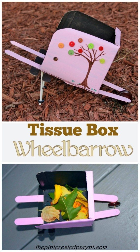 Working Wheelbarrow made out of a tissue box. Cute fall crafts for kids.