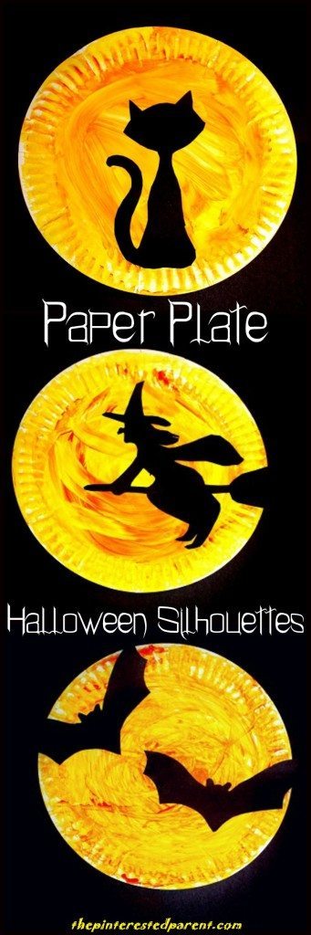 Halloween Paper Plate Silhouettes with printable template . Choose from a black cat, a witch or bat Halloween silhouette - Halloween arts and crafts for kids. 