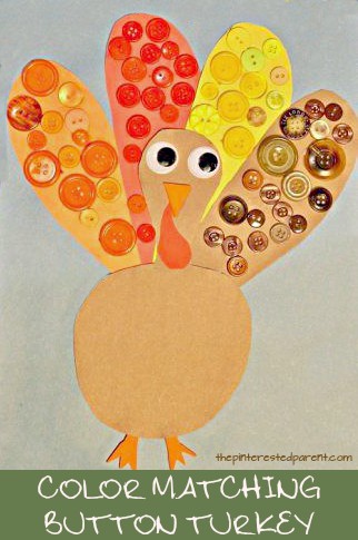Color Matching Button turkey craft and activity for Thanksgiving. Kid's arts and crafts for preschoolers and toddlers
