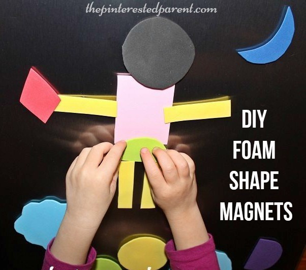 DIY foam shape magnets. These are great for creative and imagination play. Easy to make - kid's arts, crafts and activities.