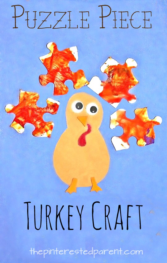 Puzzle piece recyclable turkey craft - Thanksgiving and fall arts and crafts for kids - preschoolers. 
