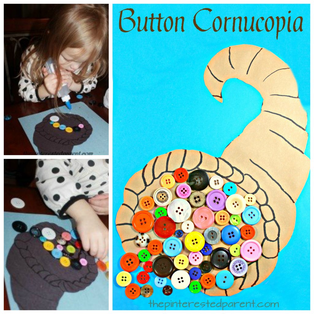button cornucopia arts and craft project for kids. Thanksgiving and fall craft ideas for preschoolers and toddlers