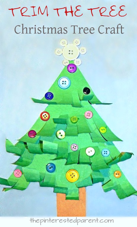 A great fine motor skill activity and Christmas craft - trim and curl the Christmas tree. Winter and holiday crafts for kids, toddlers, and preschoolers - button crafts