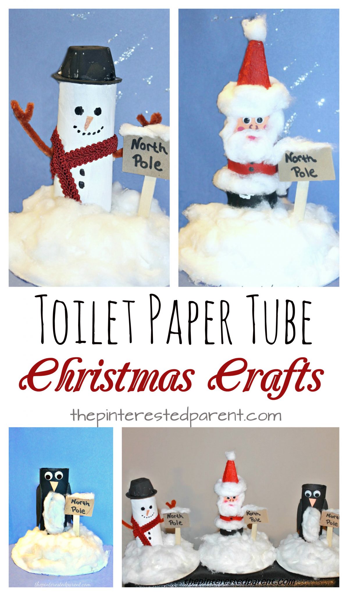 toilet paper tube snowman, Santa, penguin at the North Pole. Recyclable cardboard roll arts & crafts for kids for winter and Christmas