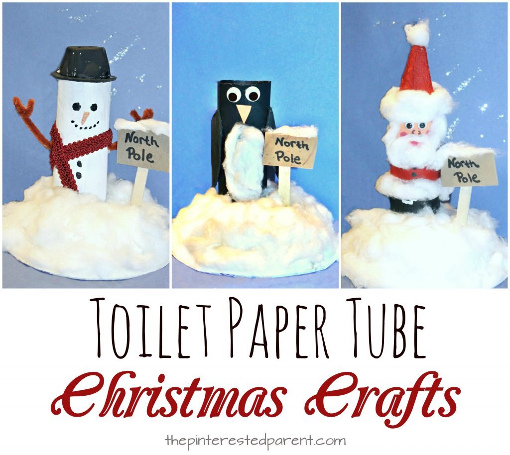 toilet paper tube snowman, Santa, penguin at the North Pole. Recyclable cardboard roll arts & crafts for kids for winter and Christmas