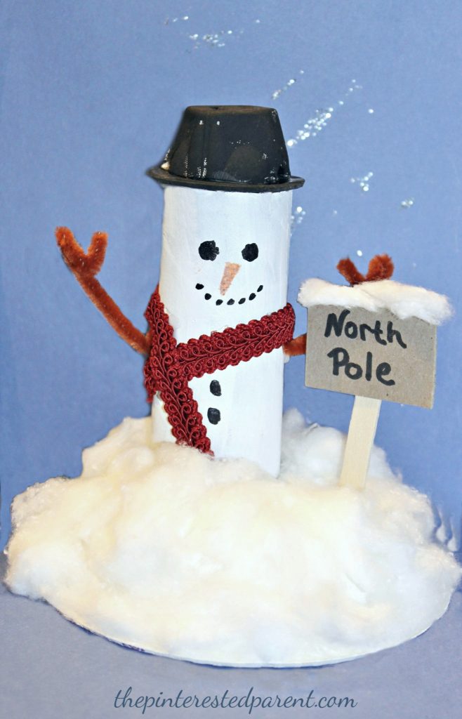 toilet paper tube snowman at the North Pole. Recyclable cardboard roll arts & crafts for kids for winter and Christmas