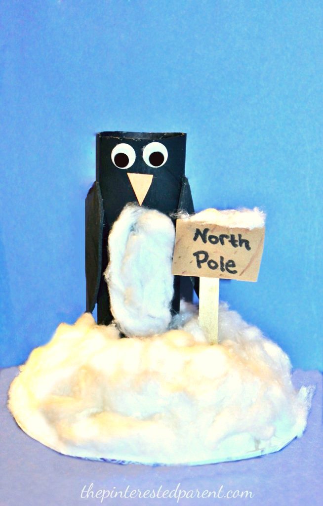 toilet paper tube penguin at the North Pole. Recyclable cardboard roll arts & crafts for kids for winter and Christmas