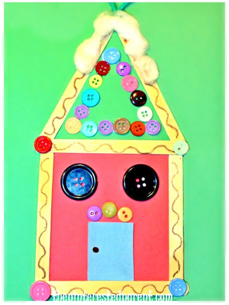 Popsicle stick gingerbread ornament - Christmas arts and crafts activities for kids. Craft sticks and buttons