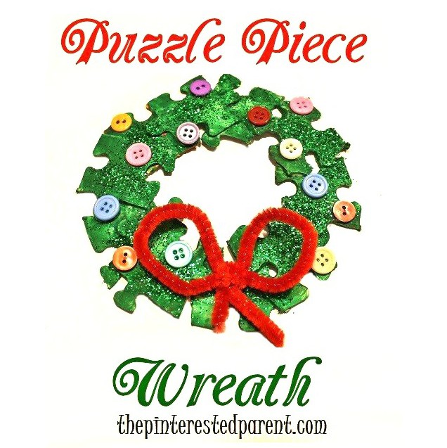 Puzzle Piece Wreath Craft for kids. Christmas and winter arts and crafts for toddlers and preschoolers - with buttons 