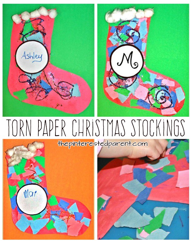 torn paper christmas stockings with glitter- kids crafts for Christmas and winter - preschoolers construction paper mosaics