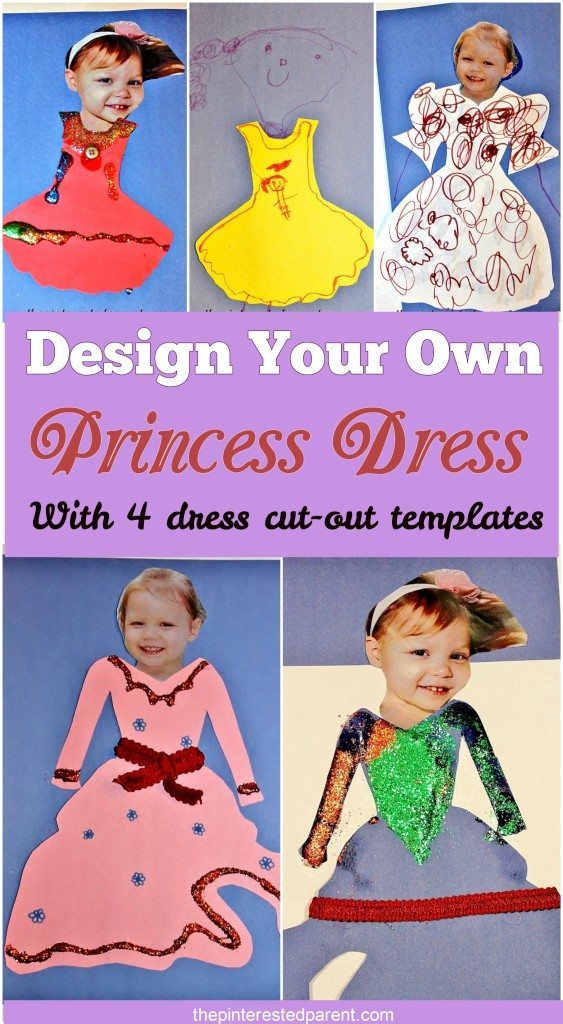 Design your own princess dress with markers, glitter, pom pom & ribbon. Free printable cut outs