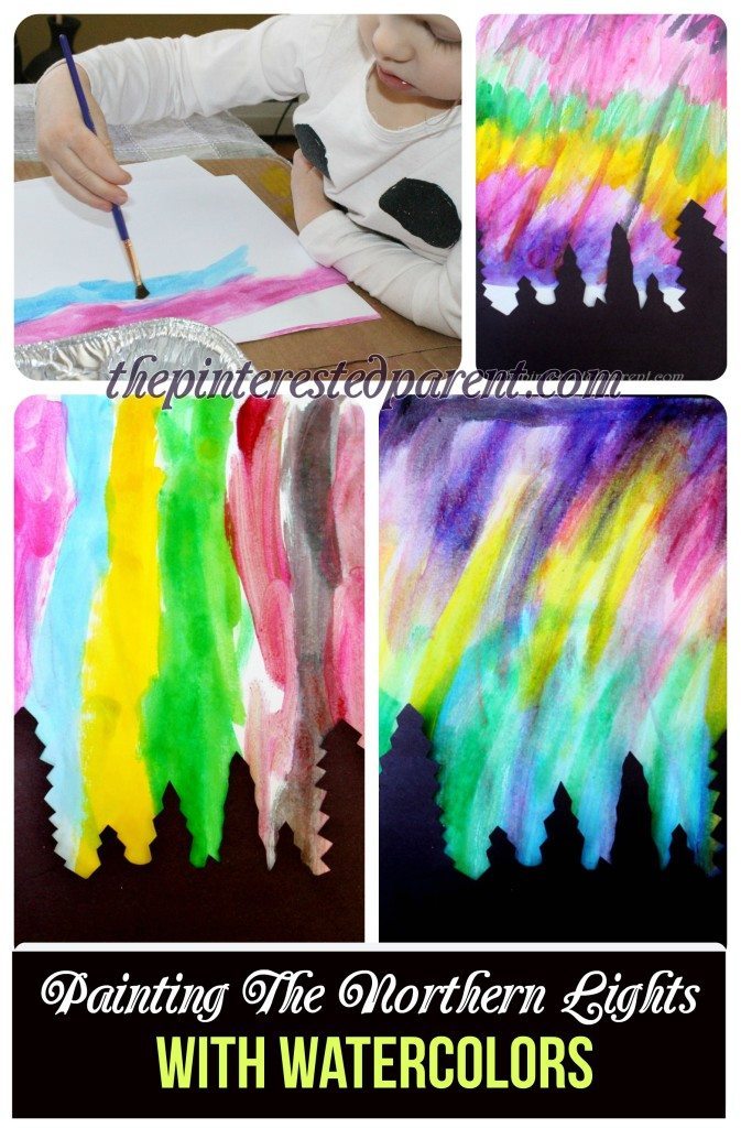 Pretty Northern Lights paintings with watercolors & silhouette - art & painting for kids.
