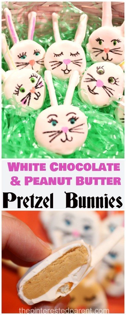 White chocolate & peanut butter pretzel stick Easter bunnies recipe. These bunny treats were a huge hit & my kid loved to decorate them.