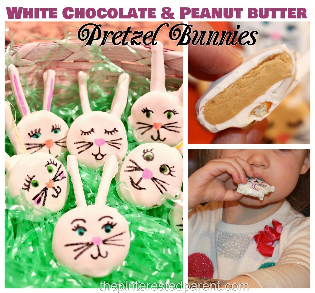 White chocolate & peanut butter pretzel stick Easter bunnies recipe. These bunny treats were a huge hit & my kid loved to decorate them.