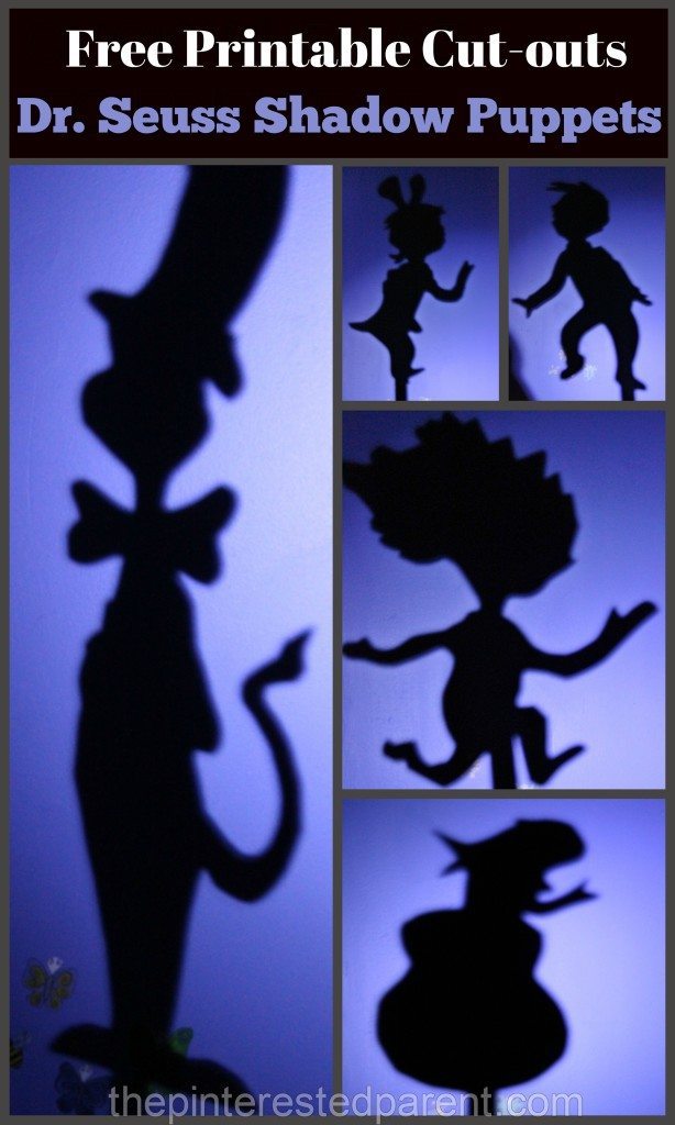 Dr. Seuss' 'The Cat In The Hat' Inspired shadow puppets with free printable cutouts.