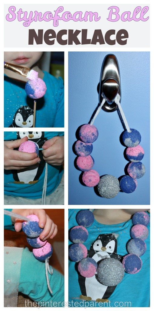 Painted Styrofoam Ball Dress up necklace - fine motor activity and craft for kids