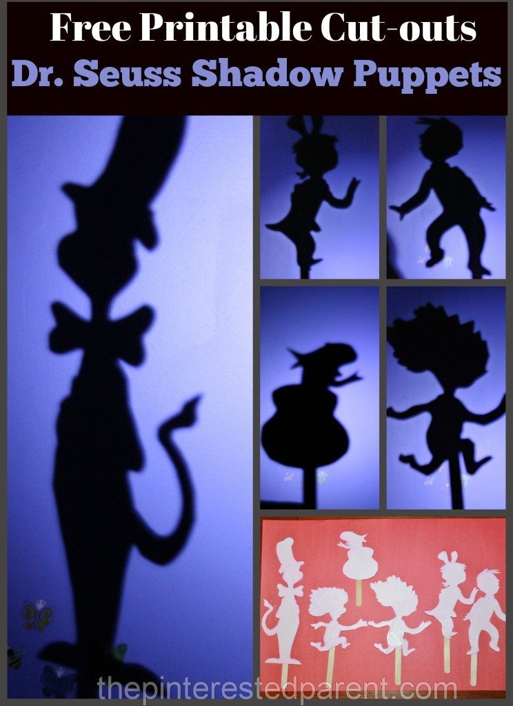 Dr. Seuss' 'The Cat In The Hat' Inspired shadow puppets with free printable cutouts.