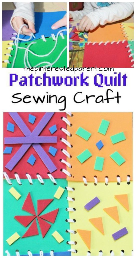 This is a great fine motor skill activity as well as a bright and pretty arts & craft project for the kids. Patchwork quilt introduction to sewing with foam pieces.