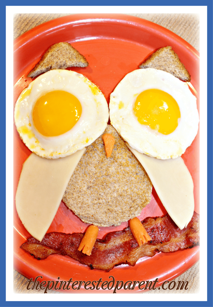 Owl shaped breakfast - sunnyside up egg eyes, toast, cheese & bacon - creative food ideas for the kids