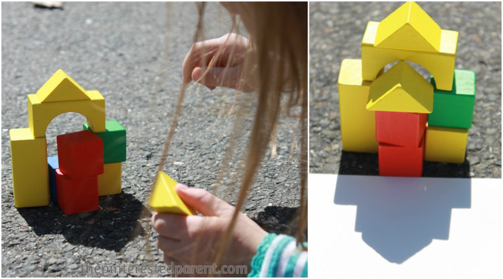 Exploring shadow & light with blocks. This is a wonderful activity that you can do with your kids while exploring shadow & light outdoors