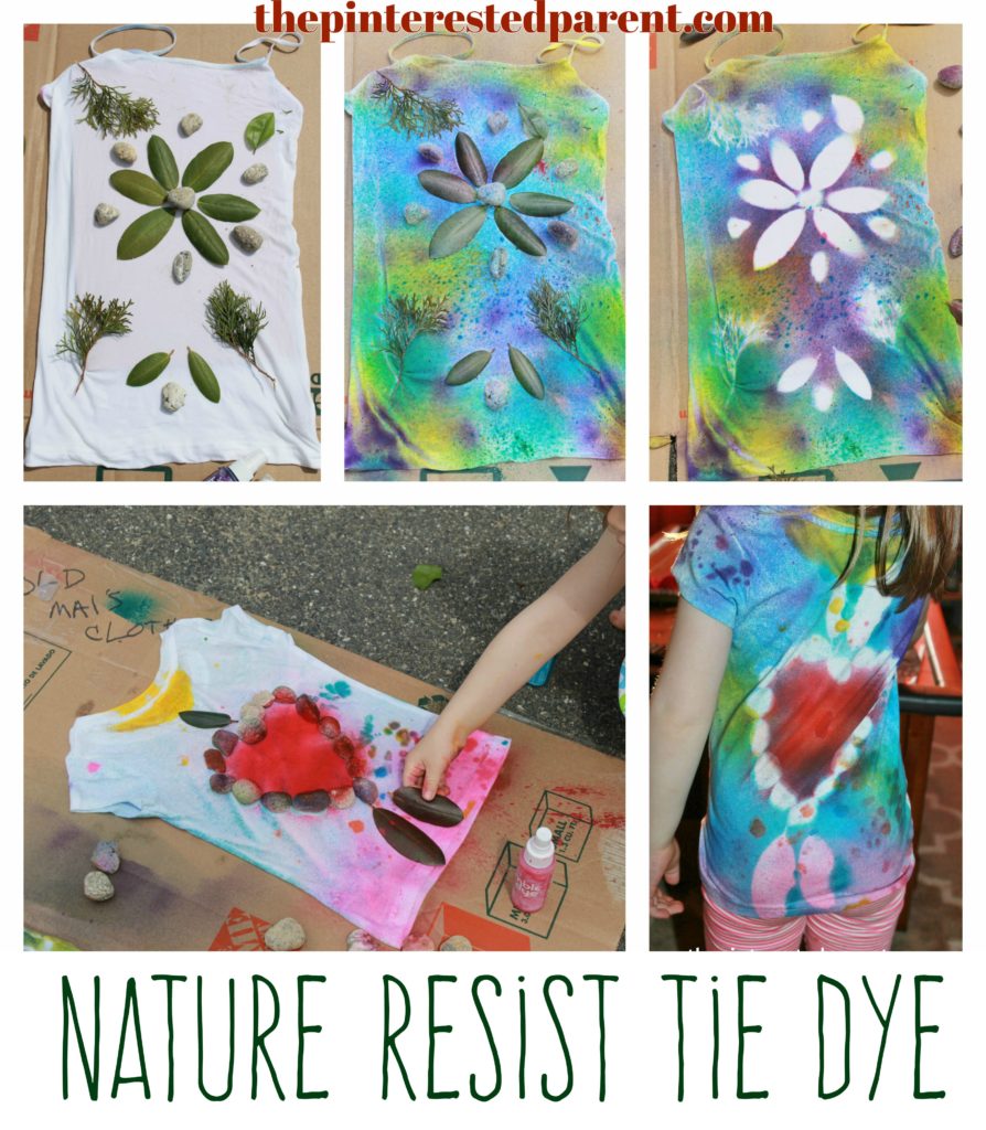 Nature Resist Tie Dye t-Shirts - These t-shirt designs were made from rocks, leaves, twigs & other things found in nature. This is a fun spring or summer art activity & craft for kids or for adults