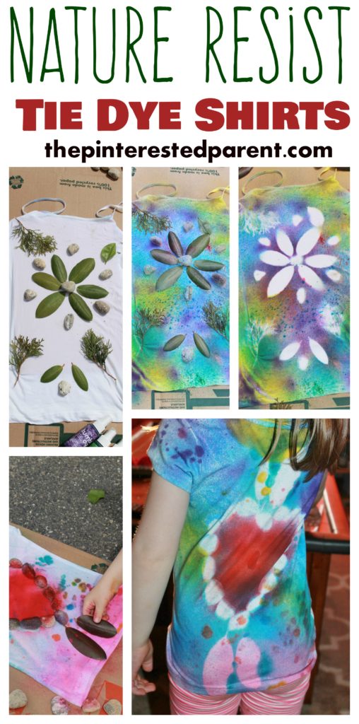 Nature Resist Tie Dye t-Shirts - These t-shirt designs were made from rocks, leaves, twigs & other things found in nature. This is a fun spring or summer art activity & craft for kids or for adults.