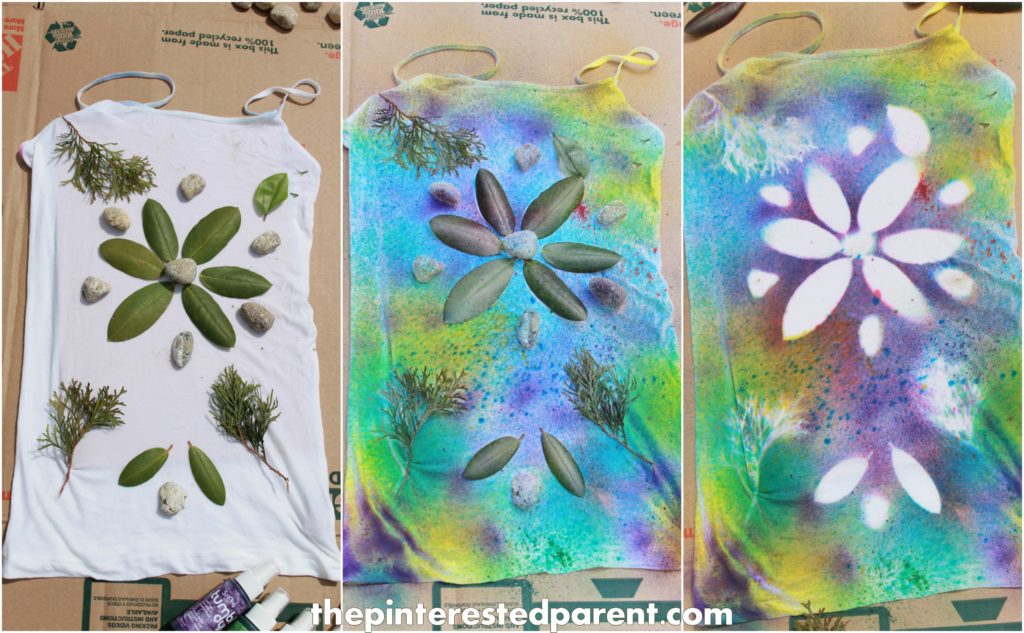 Nature Tie Dye Shirts - These t-shirt designs were made from rocks, leaves, twigs & other things found in nature. This is a fun spring or summer art activity & craft for kids or for adults