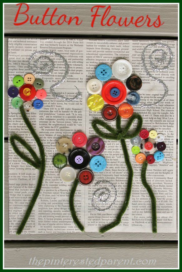 I love these button flowers on newspaper. They are so pretty & make a great spring craft for the kids.