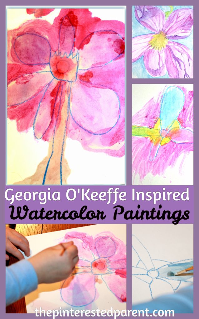 Georgia O'Keefe inspired flower watercolor paintings for kids - exploring art history & famous artists.