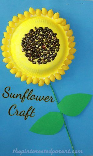 Sunflower Craft made out of lentils, pasta shells & paper bowls. A great flower arts & craft project for the kids for spring.