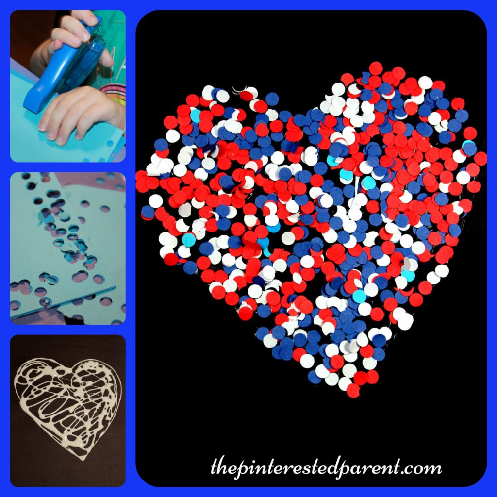 Paper hole punch red, white & blue confetti heart craft for kids. Arts & crafts for 4th of July