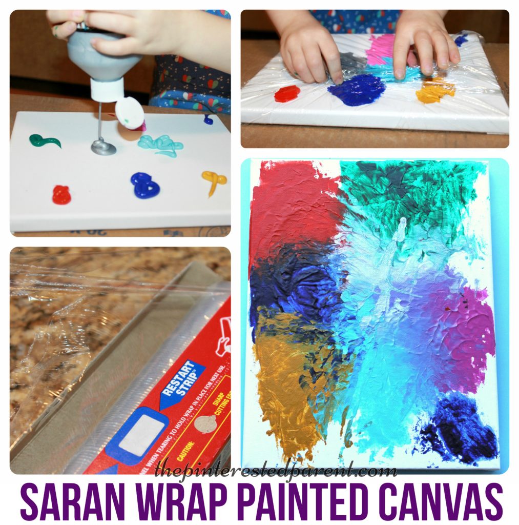 Canvas painting with Saran Wrap adds a little texture with lines & peaks to you abstract painting & it is fun for the kids. Kids arts & crafts