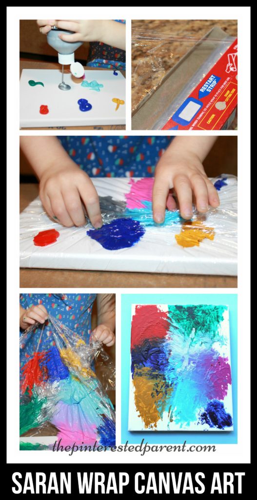Canvas painting with Saran Wrap adds a little texture with lines & peaks to you abstract painting & it is fun for the kids. Kids arts & crafts.