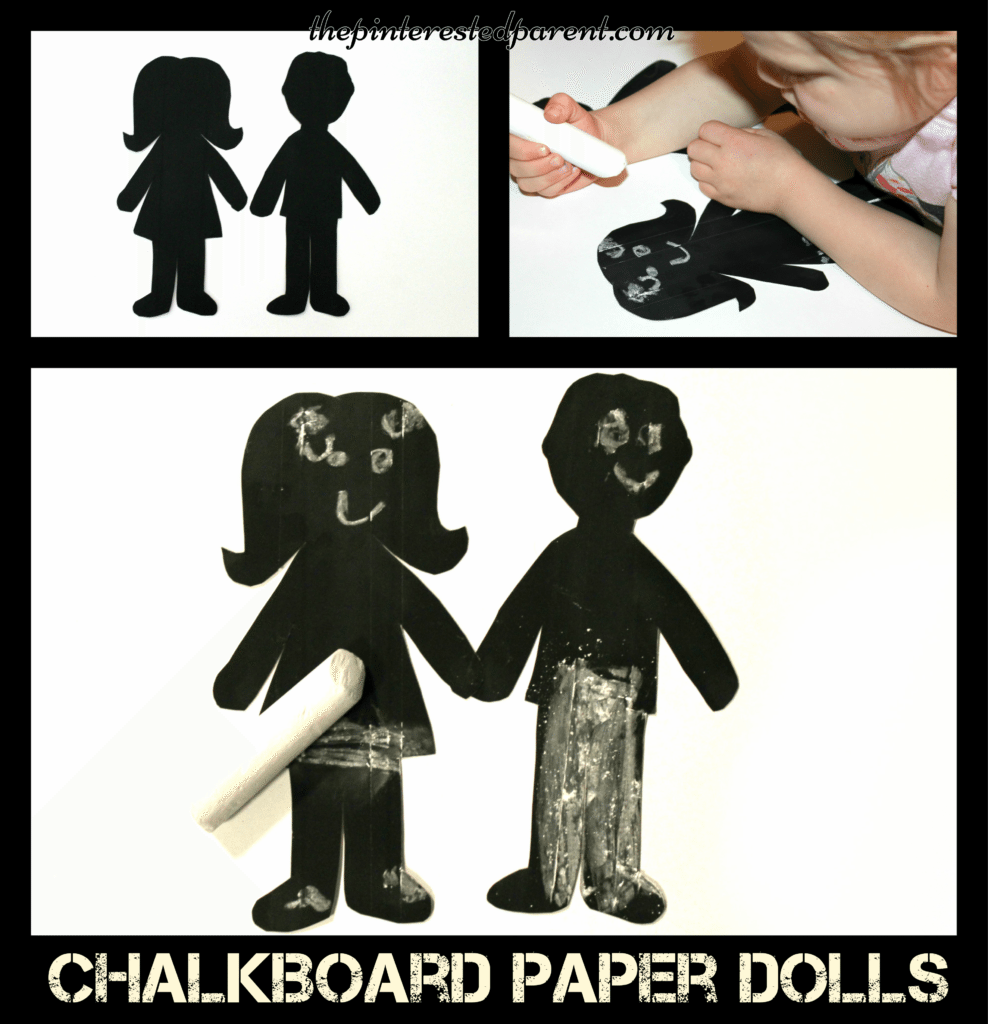 Chalkboard paper dolls - fun for kids to draw on the faces & clothes and erase again. Arts & crafts ideas & activities.
