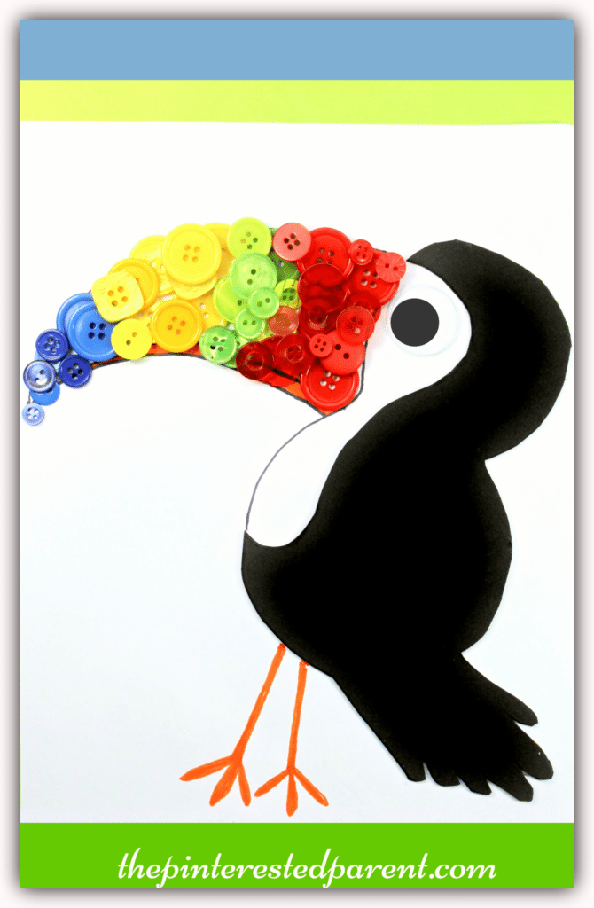 Button Toucan craft with free printable template- arts & crafts for kids , birds