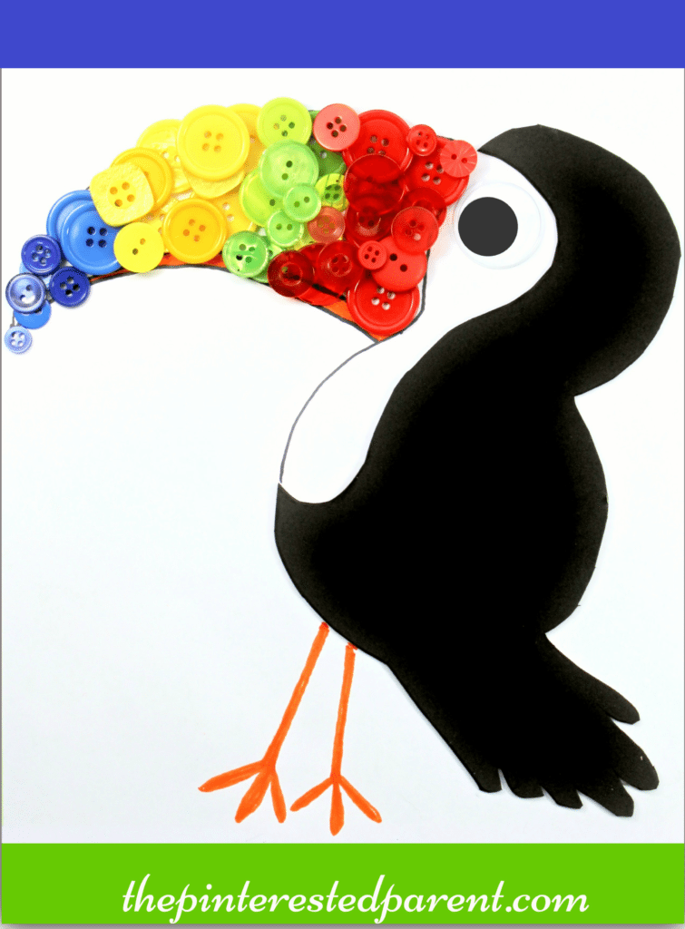 Button Toucan craft with free printable template- arts & crafts for kids , birds