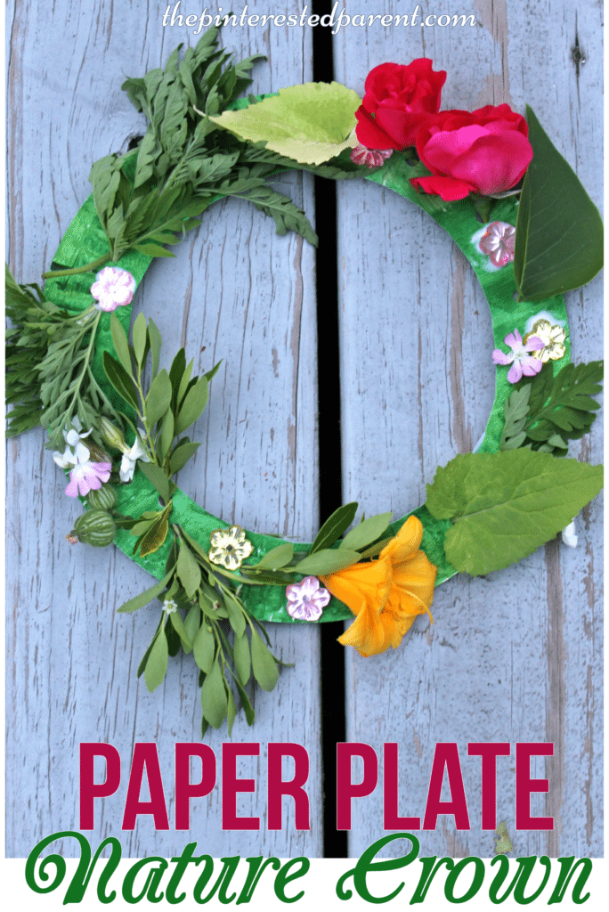 Paper Plate Nature crown craft made with flowers & leaves. Kids arts & crafts,