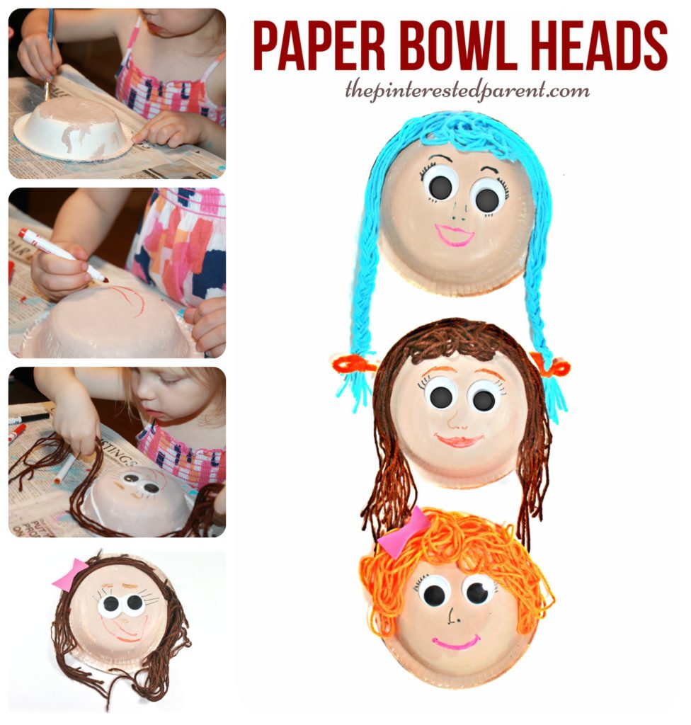 Paper bowl heads & faces with yarn hair. A fun arts & crafts project for kids.