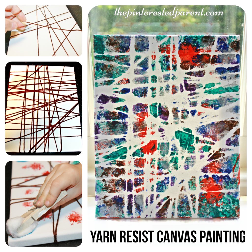 Yarn Resist canvas painting. Kid's arts and crafts projects