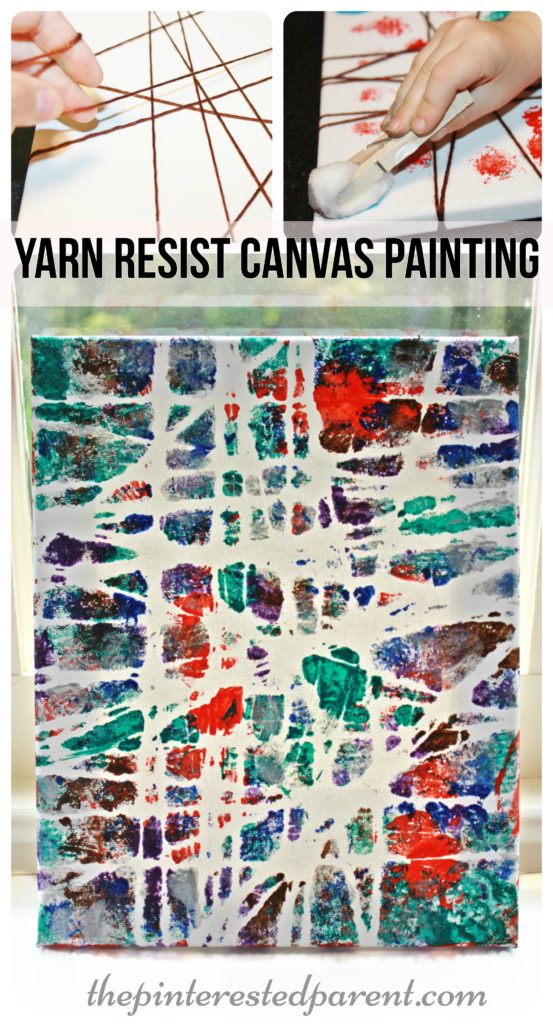 Yarn Resist canvas painting. Kid's arts and crafts projects.