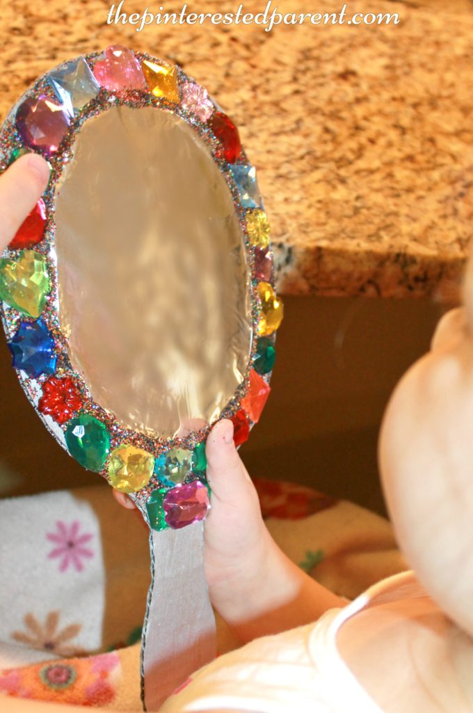 Cardboard jeweled mirror craft for kids - arts & crafts for pretend play.