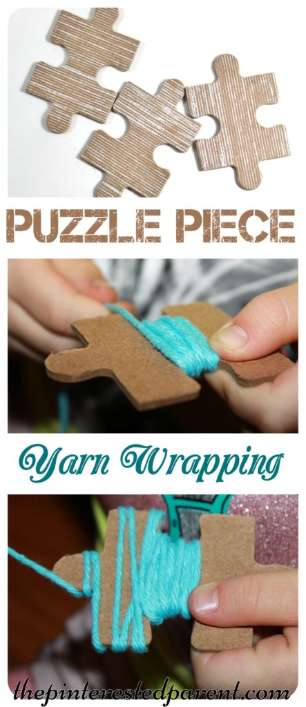 Fine motor activity for kids - use old puzzle pieces to wrap yarn. The notches in the pieces are perfect for wrapping.